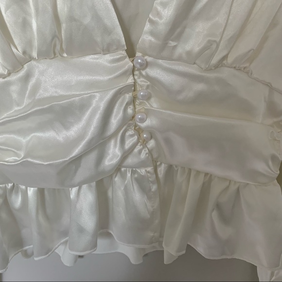 White Satin Ruched Button Waist Blouse - Picture 7 of 11